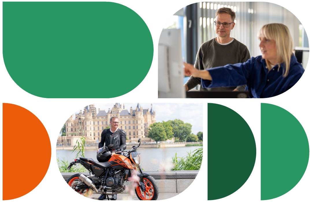 Collage aus verschiedenen Grafikelementen mit zwei eingebetten Fotos. Bild 1: Zwei Personen in einem Büro, eine zeigt auf einen Bildschirm und stimmt sich mit der zweiten Person ab. Bild 2: Eine Person sitzt auf einem Motorrad mit INTERAMT Branding vor dem Schweriner Schloss.