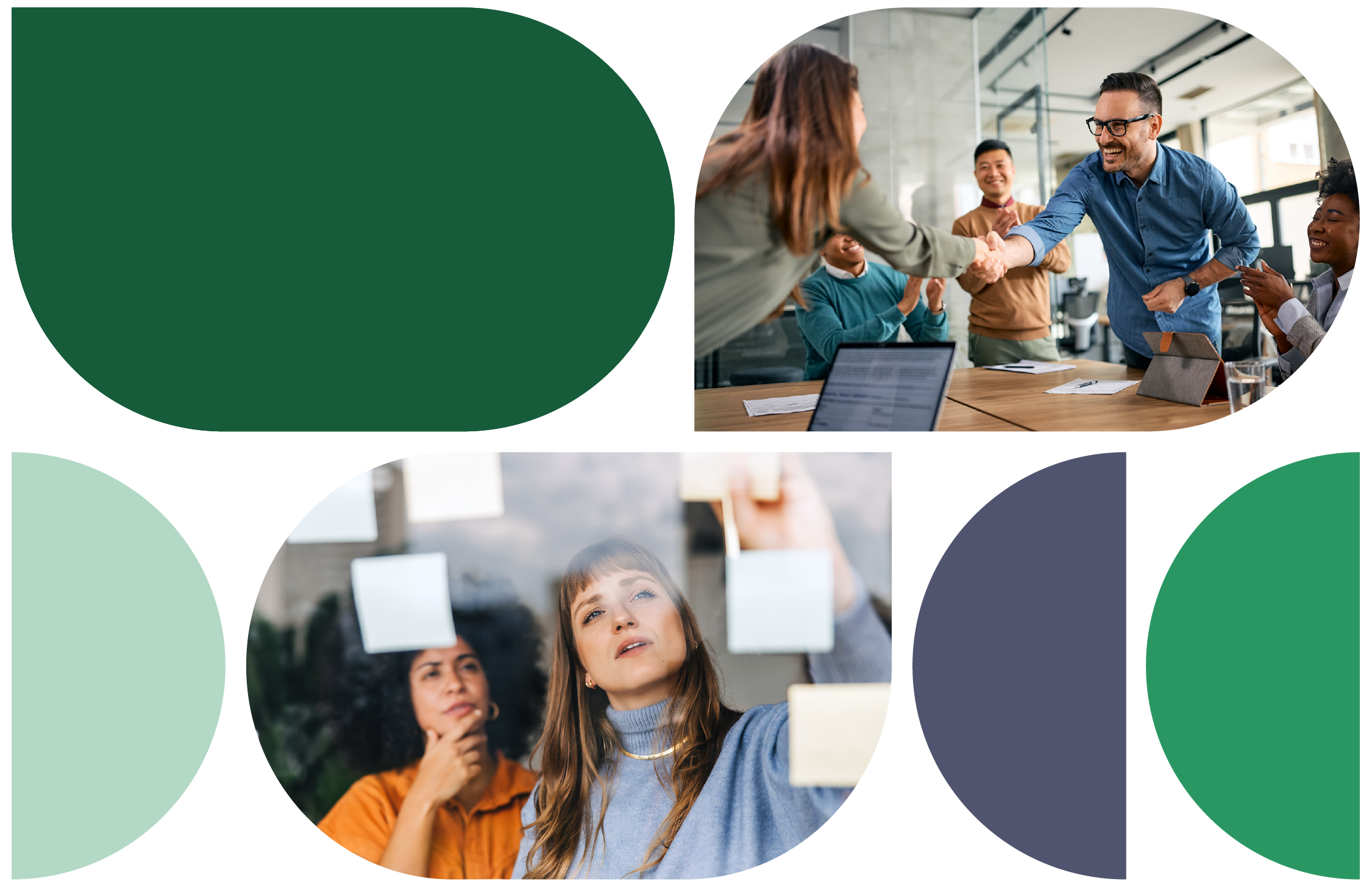 Collage aus zwei Fotos: oben ein Bewerbungsgespräch mit offensichtlich gutem Ausgang. Fünf gut gelaunte Personen. Zwei davon geben sich über den Tisch hinweg die Hand. Unten zwei Frauen kleben Klebezettel an eine scheibe und beraten sich. 