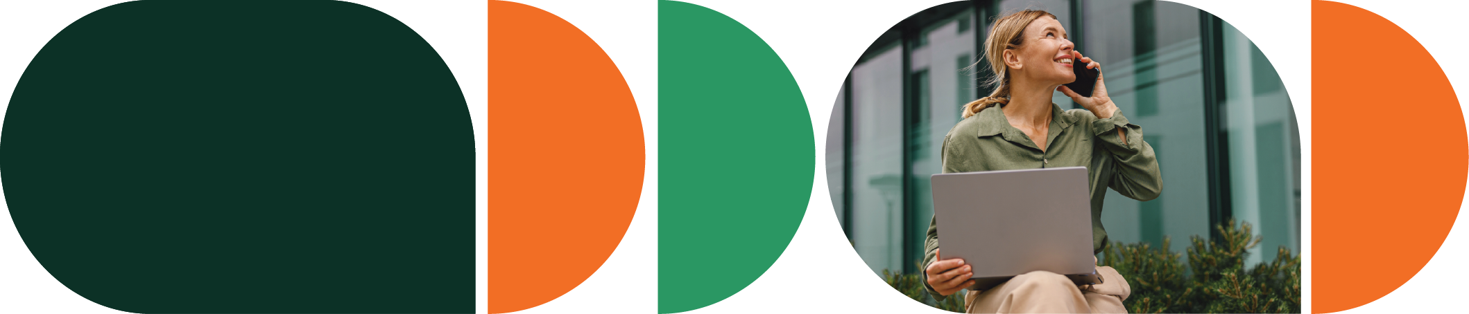 Collage aus fünf gemetrischen Elementen mit abgerundeten Ecken in den farben Grün und Orange. In einem Element istein Bild einer Frau, die mit einem Laptop auf dem schoß telefoniert und nach oben schaut.