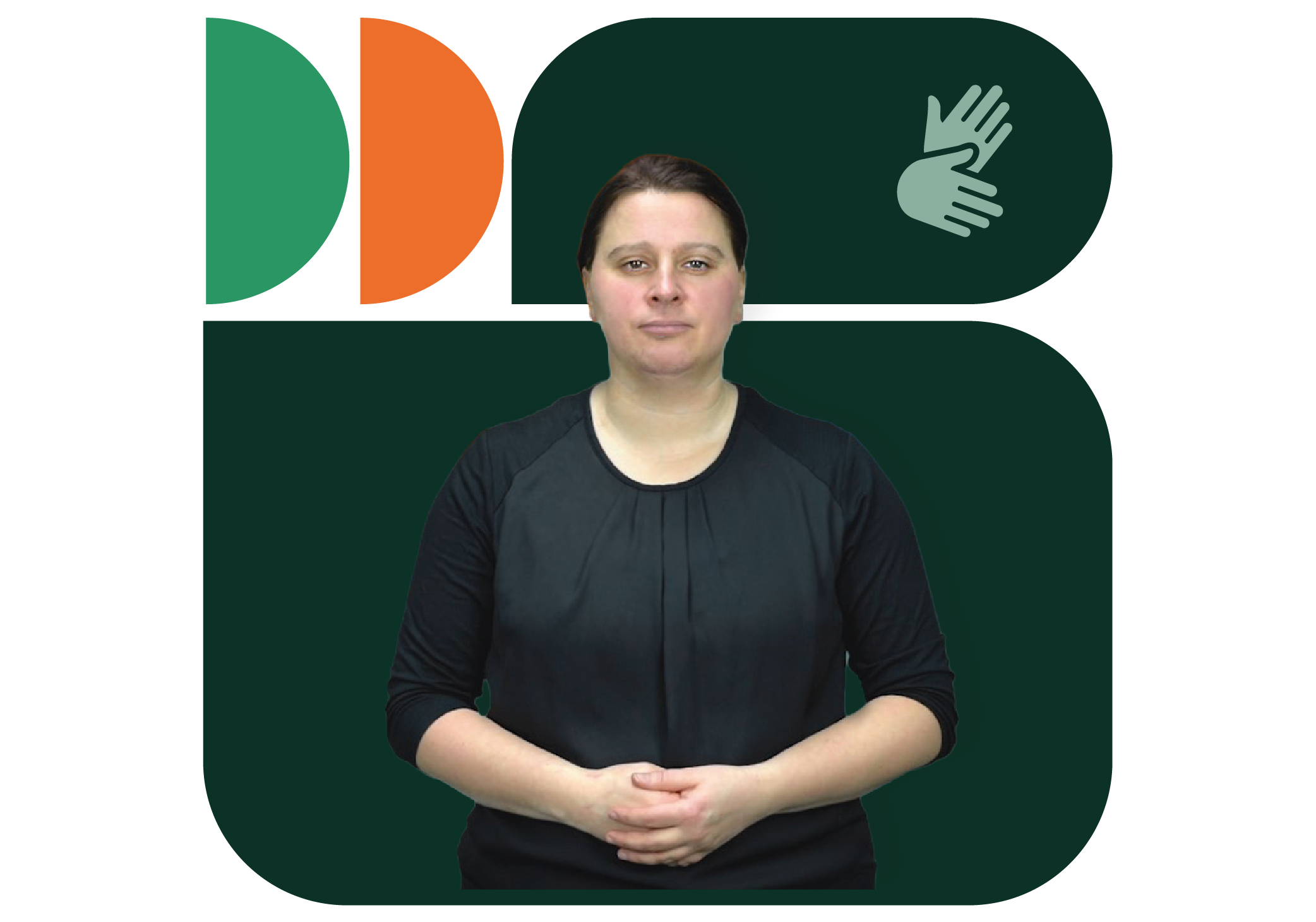 Nina unsere Gebärdenübersetzerin steht vor dunkelgrünem Hintergrund; grafische Elemente und ein Symbol für Gebärdensprache sind eingeblendet.