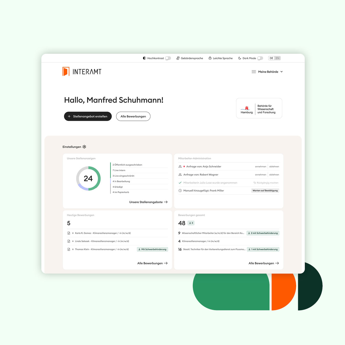 Darstellung vom INTERAMT Dashboard für Arbeitgeber